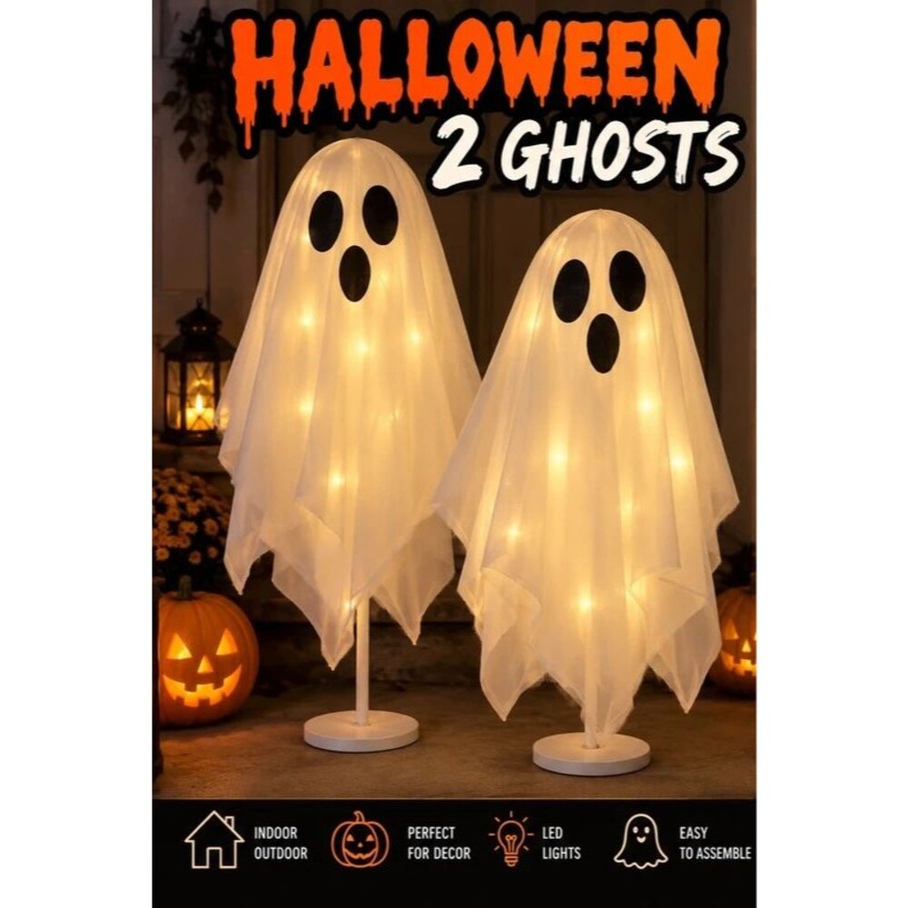 2 Pack Light Up Ghost Halloween Decorations LED Balloon Standing Ghosts